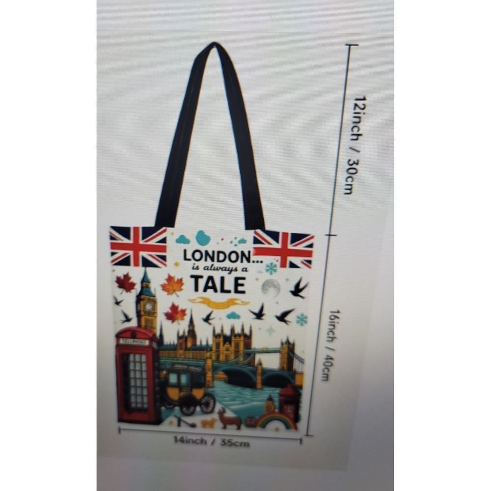 London Theme Tote Bag with Big Ben, Tower Bridge, Red‎ Telephone Booth, British. - Picture 10 of 10